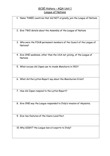 AQA GCSE History - Knowledge Recall Tests: Treaty of Versailles / League of Nations
