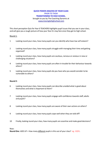 TRANSITION PLANNING QUIZ - Year 6 TEACHER'S ONLY! 