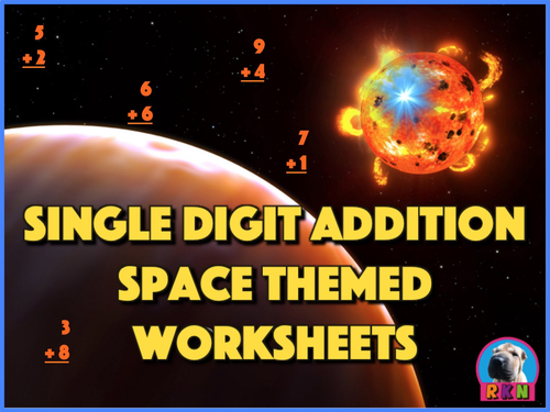 Single Digit Addition - Space Themed Worksheets - Vertical