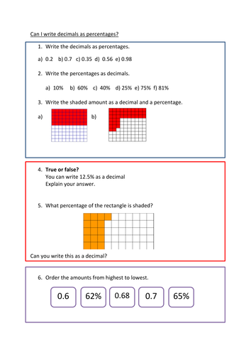 Writing decimals as percentages- fluency, reasoning and problem solving