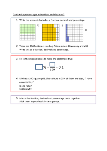 Writing percentages as fractions and decimals