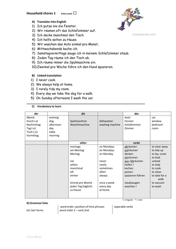 German Language Lesson Lifesaver. Sample Linked Translation Unit on Household Chores.