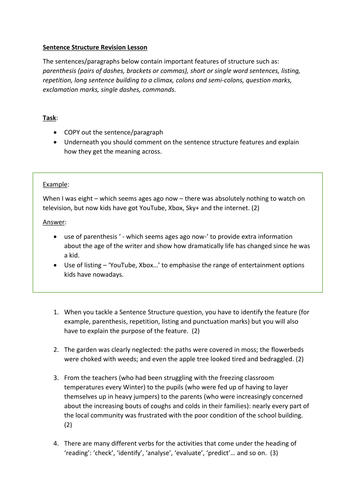 Sentence Structure exercise for close reading