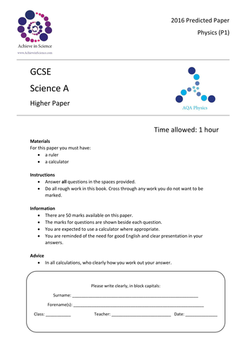 Core Science Prediction Papers - Higher - 2016 - Biology, Chemistry & Physics