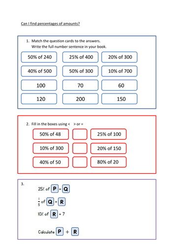 Finding percentages of amounts- fluency, reasoning and problem solving