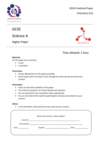 Core Chemistry Prediction Exam Paper - HIGHER - 2016