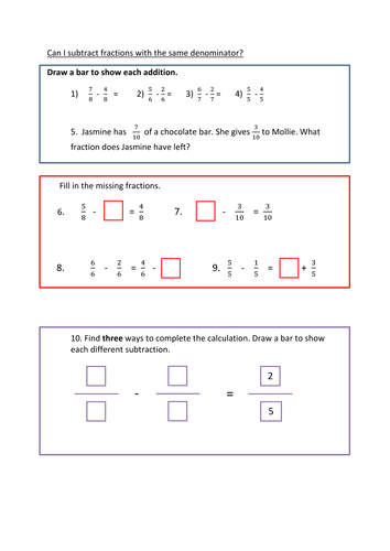subtracting fractions reasoning and problem solving
