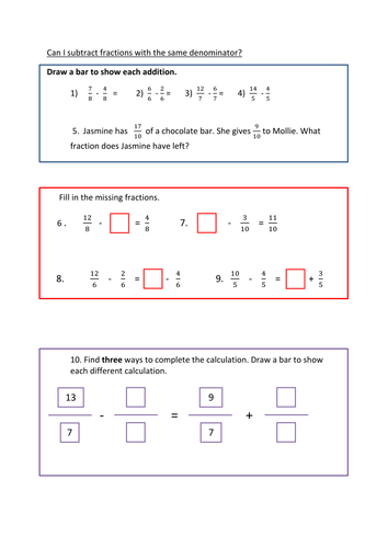 Subtracting fractions- common denominator- above one whole | Teaching ...