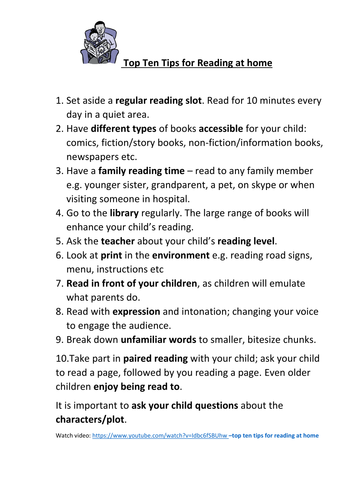 Top Ten Tips for Reading at Home (Parents)