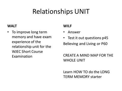 relationships WJEC short course starter 