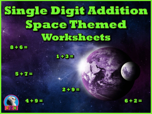 Single Digit Addition - Space Themed Worksheets - Horizontal