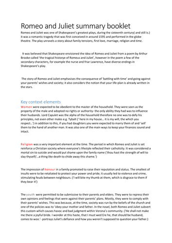 ROMEO AND JULIET SUMMARY BOOKLET GCSE ENGLISH LITERATURE