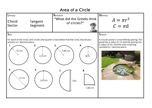 Area of a Circle - PRET Homework
