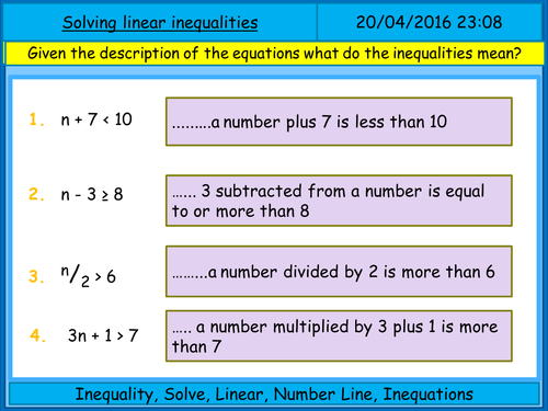 Solving one step linear inequalities