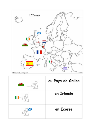 Outline map of europe with flags for teaching countries