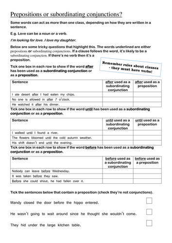 using english commas worksheets Prepositions conjunctions? subordinating KS2 by or