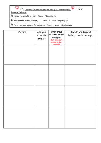 Science - identifying, naming and grouping animals