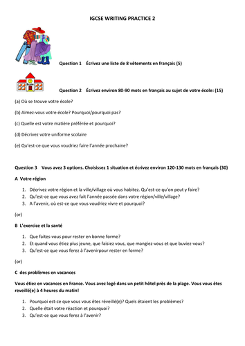 IGCSE French writing practice paper