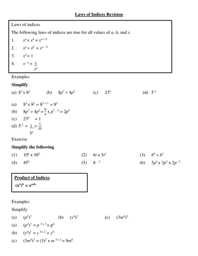 Laws of Indices Revision | Teaching Resources