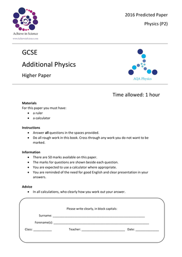 Additional Physics Predicted Paper - Higher 2016