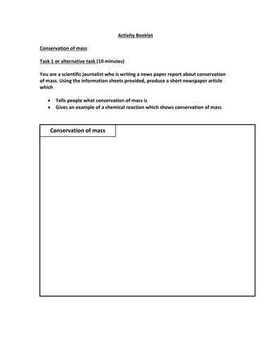 Conservation of mass, balancing equations activity booklet