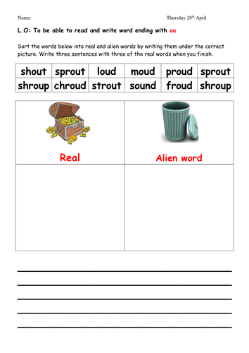 Phonics worksheet for ou phoneme