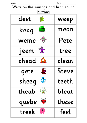 Phonics /ee/ /ea/ /e-e/ family real and alien words by choralsongster