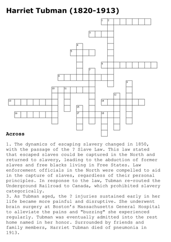 Harriet Tubman Crossword 