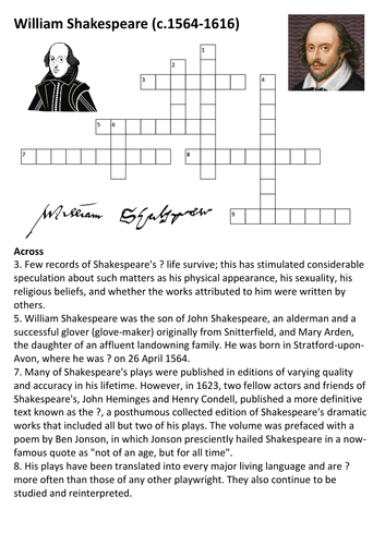 William Shakespeare Crossword Teaching Resources