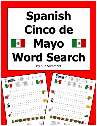 Spanish Cinco de Mayo Word Search Puzzle Worksheet and Vocabulary 