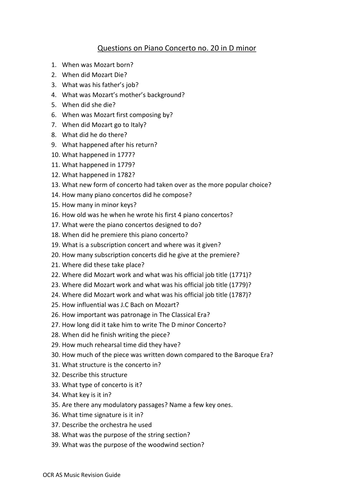 OCR AS Music Mozart's Piano Concerto in Dminor Revision Book