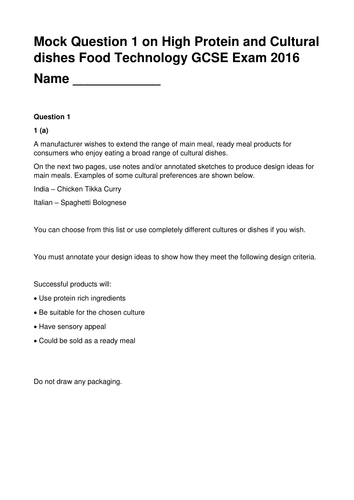 High Protein meals mock question  GCSE Food Technology Preliminary Material, High Protein meals