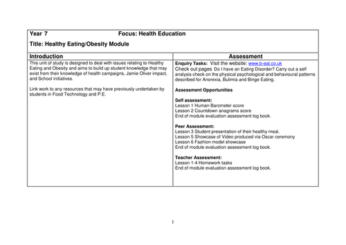Healthy Eating Year 7 PSE Scheme of Work and resources