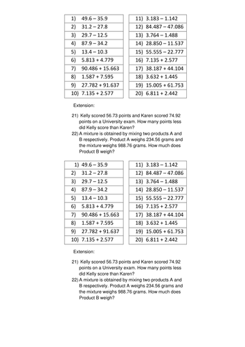 KS2 - addition and subtraction of decimals worksheet Year 4 5 6