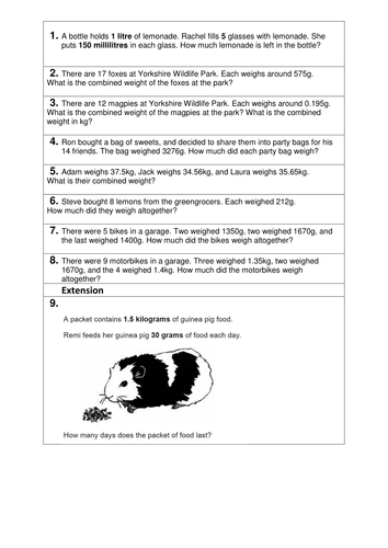 Measures - metric units - weight - word problems - Year 4 5 6 by