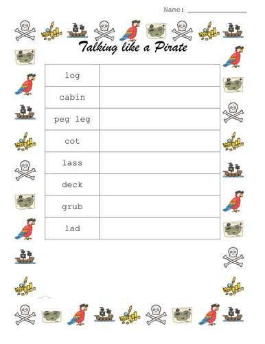 Talk like a pirate - voab cards with their meanings 