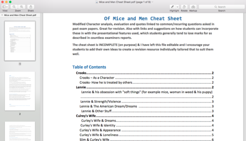 CHEAT SHEET for of Mice and Men GCSE English (& Wordsearch)