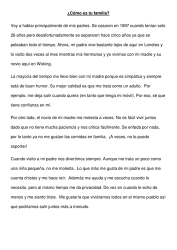 Family relationships Spanish GCSE reading comprehension