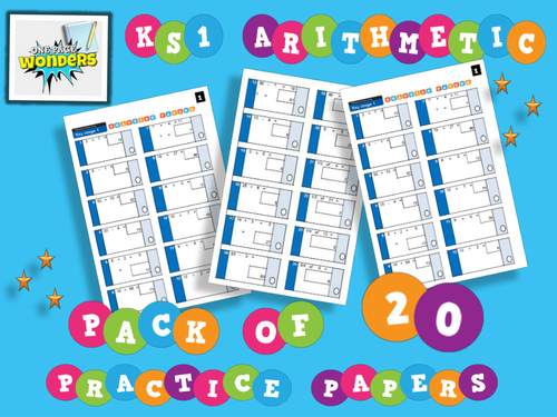 KS1 Arithmetic SATs "One Page Wonder!" 20  Practice Papers with answers 