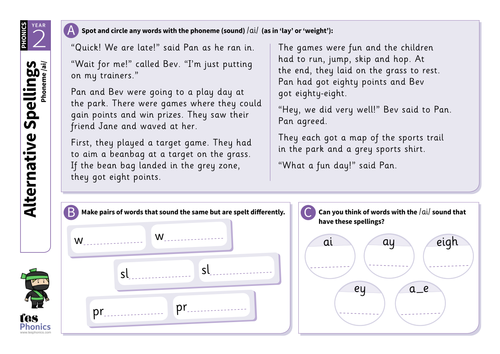 worksheets phonics 5 phase a-e /ai/, /ee/, Alternative /igh Spotters: Phoneme Spellings