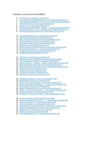 Chemistry Crash Course Youtube Questions All Episodes 1 46 Teaching Resources