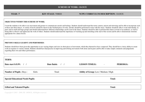 Dance Scheme of work