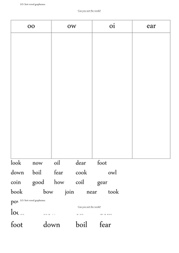Phase 3 Sounds/Digraphs - Sort into a Table