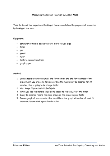 Measuring the rate of reaction by loss of mass, worksheet and online experiment