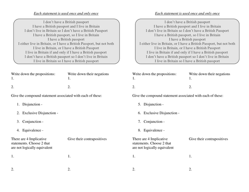 IB Maths studies - logic worksheet