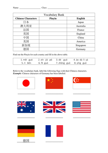 Countries worksheets- (Mandarin Chinese)