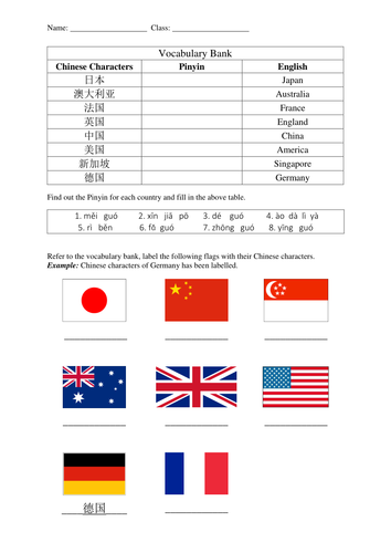 Countries worksheets-国家 (Mandarin Chinese)