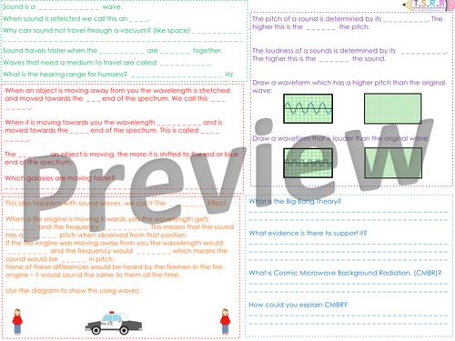 P1 Sound, Red Shift, Big Bang etc Revision Mat