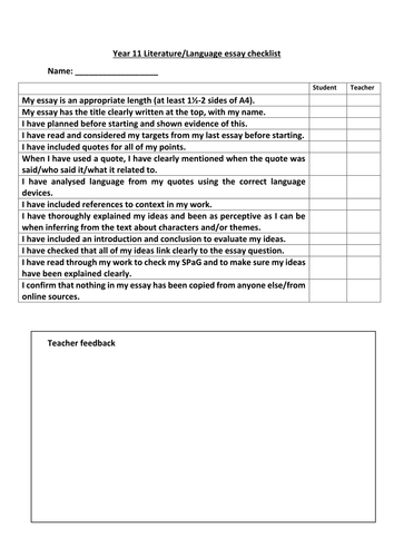 KS4 Homework essay student and teacher checklist / coversheet 