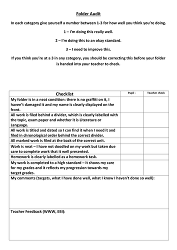 KS4/5 Folder Audit Student / Teacher checklist